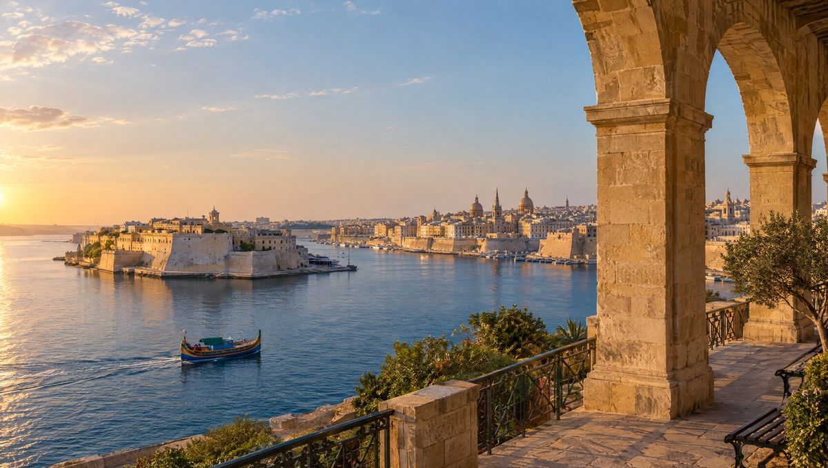 Güneş batarken Upper Barrakka bahçelerinden Valletta Grand Harbour ve Üç Şehirler